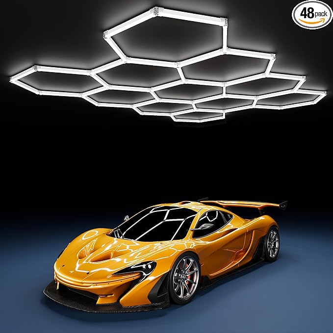 MODERN 11Grids Hexagon Garage Light: 48Pack 384W 47000LM High Brightness Hexagon Garage Lights-Easy Install Honeycomb Ceiling Lights for Warehouse, Gym Basement, Exhibition Hall
