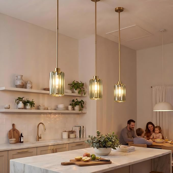 Modern Olive Green Fluted Glass Pendant Light 1 Pack - Thick Ribbed Glass with Warm Glow, Adjustable E26 Hanging Lamp for Kitchen Island & Dining Room