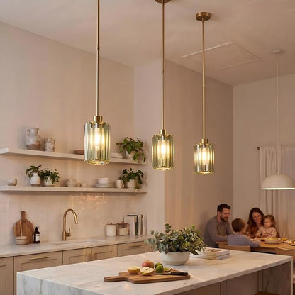 Modern Olive Green Fluted Glass Pendant Light 1 Pack - Thick Ribbed Glass with Warm Glow, Adjustable E26 Hanging Lamp for Kitchen Island & Dining Room