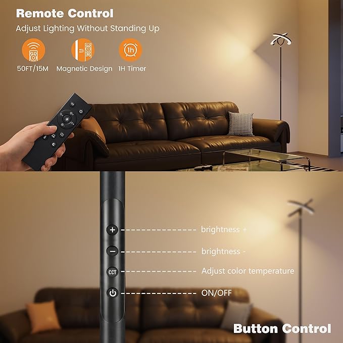 【Upgraded】Modern LED Floor Lamp - 30W Super Bright Standing Lamp, 350° Rotating Reading Floor Lamp with Remote Control, 3000K-6500K Stepless Dimmable, Tall Floor Lamp for Living Room, Bedroom, Office