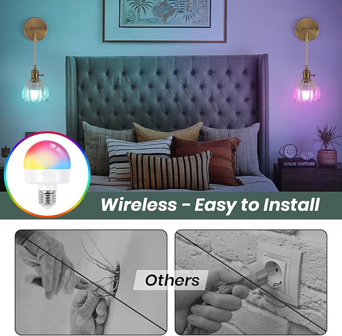 Vintage Battery Operated Wall Sconces Sets Of Two, Indoor not Hardwired Transparent Tulip Glass Lampshade Fixtures, Rechargeable Wireless RGB Wall Lights with Dimmable Remote, for Bedroom Living Room
