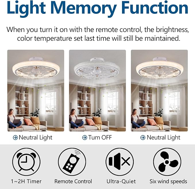 20" White Caged Ceiling Fan with Lights Remote Control with Crystal Sand Lampshade, Rustic Industrial Ceiling Fan with Light for Kitchen Bedroom Living Room