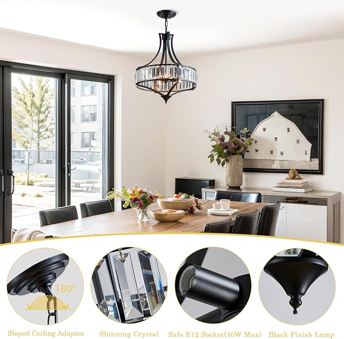 Crystal Chandeliers for Dining Room, Modern Black Crystal Chandelier Light Fixture, Round Rustic Farmhouse Hanging Light for Living Room Kitchen Hallway Bedroom Foyer, 15.7 Inch, 4-Light