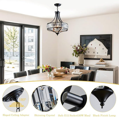 Crystal Chandeliers for Dining Room, Modern Black Crystal Chandelier Light Fixture, Round Rustic Farmhouse Hanging Light for Living Room Kitchen Hallway Bedroom Foyer, 15.7 Inch, 4-Light