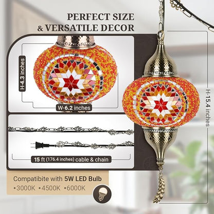 Turkish Moroccan Mosaic Pendant Light - Handcrafted Tiffany Style Swag Lamp with 15ft Cord, Vintage Glass Ceiling Fixture for Mediterranean Decor (Red1)