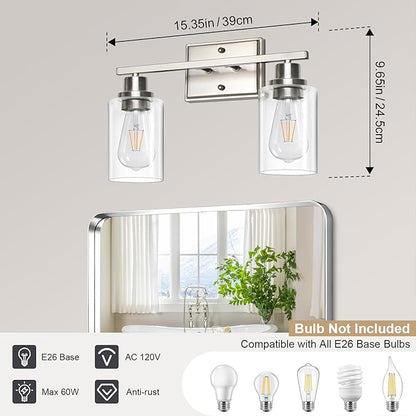 Unicozin 2 Light Bathroom Light Fixtures, Modern Vanity Lights Over Mirror, Brushed Nickel Wall Lamp with Clear Glass for Living Room Cabinet Bedroom Porch