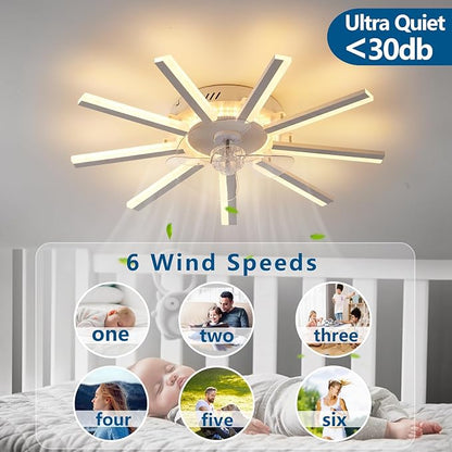 27" White Straight Strip Geometric Ceiling Fan with Lights, 3 Colors 6 Speeds Low Profile Ceiling Fan with Light for Kitchen Bedroom