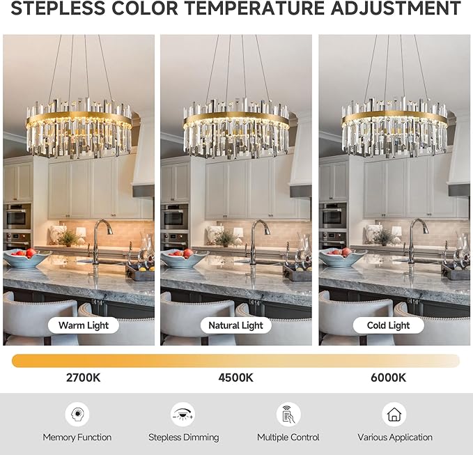 Gold Led Modern Crystal Chandelier: 23.6" Round K9 Luxury Smoke Grey & Clear Crystals 3 Color Dimmable Contemporary Chandeliers for Dining Room Lights - Adjustable Height Living Room Light with Remote