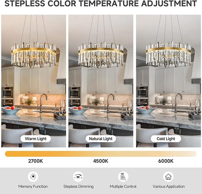 Gold Led Modern Crystal Chandelier: 23.6" Round K9 Luxury Smoke Grey & Clear Crystals 3 Color Dimmable Contemporary Chandeliers for Dining Room Lights - Adjustable Height Living Room Light with Remote