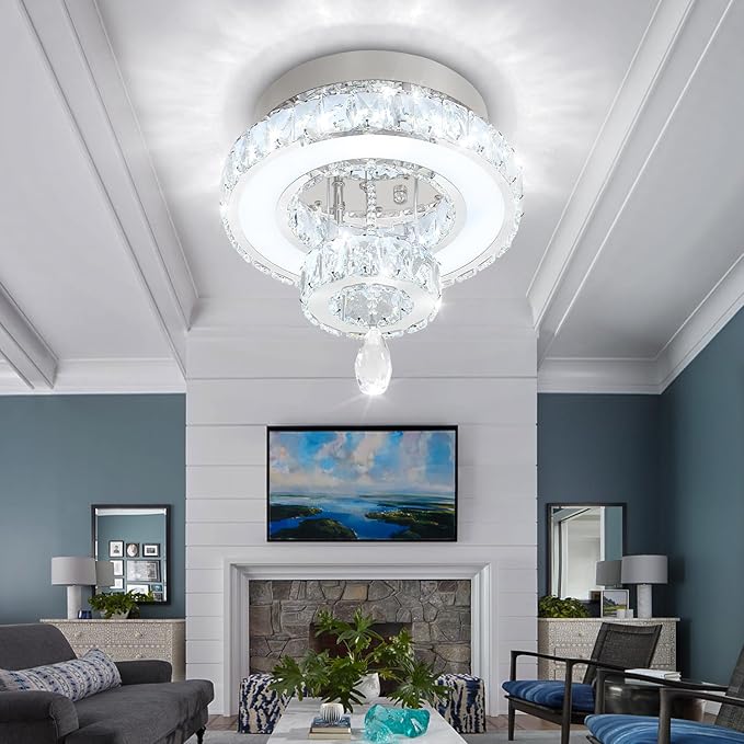 Flashing God 12" Modern Crystal Chandeliers Flush Mount Ceiling Light Silver Chandelier for Hallway LED Dimmable Mini Chandelier for Dining Room Living Room Bedroom