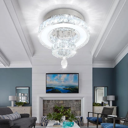 Flashing God 12" Modern Crystal Chandeliers Flush Mount Ceiling Light Silver Chandelier for Hallway LED Dimmable Mini Chandelier for Dining Room Living Room Bedroom