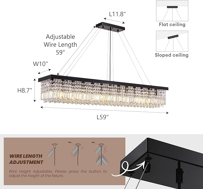 59-inch Modern Crystal Chandelier,13-Light K9 Crystal Rectangle Chandelier for Dining Room,Kitchen Island Adjustable Hanging Pendant Light Fixture,Black Finish