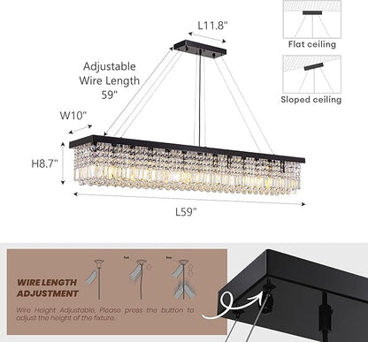 59-inch Modern Crystal Chandelier,13-Light K9 Crystal Rectangle Chandelier for Dining Room,Kitchen Island Adjustable Hanging Pendant Light Fixture,Black Finish