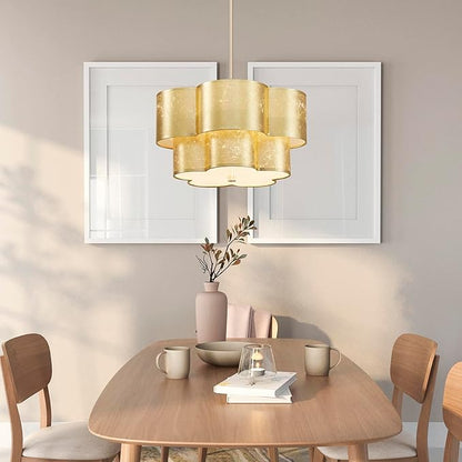 Shrine Lighting Chandeliers, Modern Design, Perfect Drum Pendant Light for Dining Room, D17.3'' × H9.4'', Adjustable 35'', 4 x E12 Sockets, Two Cloth Gold Lampshades & Gold Frame Finish