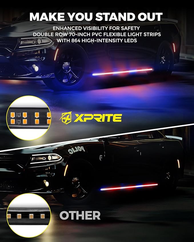 Xprite 2PCS 70 Inch Running Board Lights, 864 LED Emergency Strobe Light Strip, Truck LED Light Strip, Flexible Waterproof Running Board Emergency Lights for Trucks Pickup SUV Jeep – Red & Blue