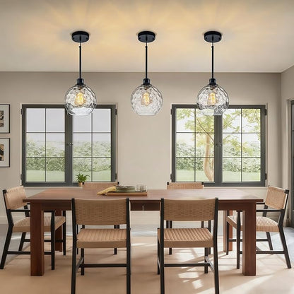 Globe Pendant Light Fixtures, 2 Pack Glass Black Pendant Lights Kitchen Island with 7.8" Clear Hammered Glass, Adjustable Hanging Island Lights for Kitchen Bathroom Sink Entryway Dining Room
