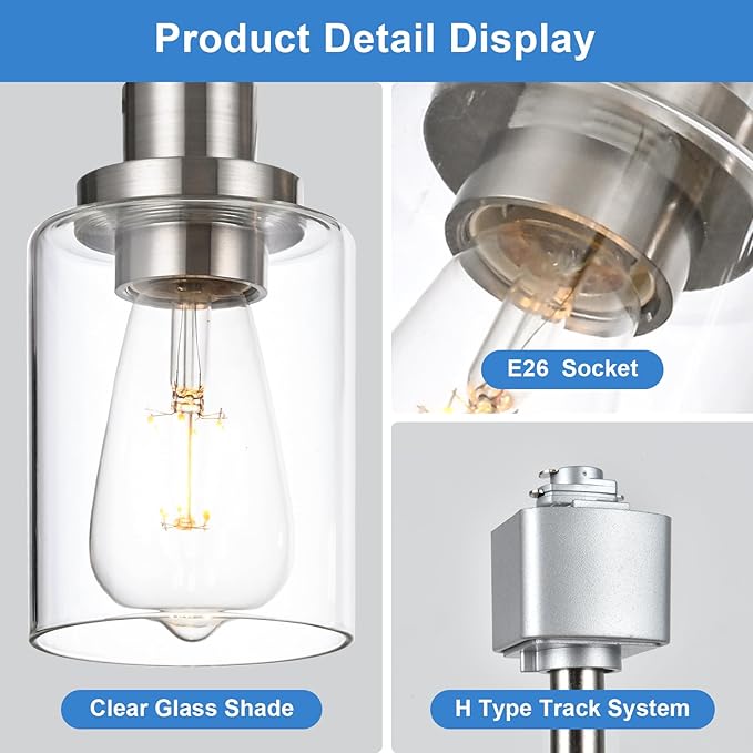 4 Pack H Track Lighting Replacement Heads Brushed Nickel Ceiling Track Lighting Fixtures with Clear Glass Shades, H Type Track Light Heads E26 Base Spotlight for Retail Shop Kitchen Island