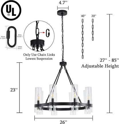 26 Inch Black Wagon Wheel Chandelier with Glass Shade, 8 Lights, Modern Farmhouse Style, Ideal for Dining Room, Kitchen, Entryways