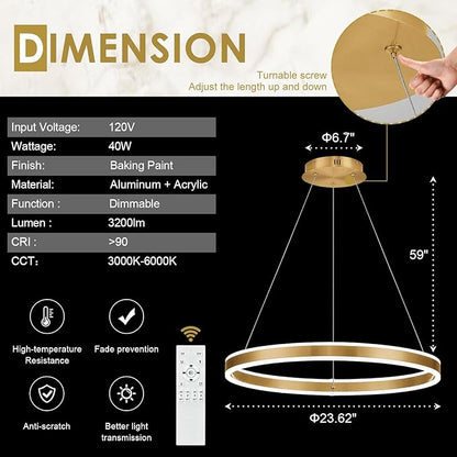 Gold LED Chandelier 23.6" Ring Chandelier for Dining Room Living Room 40W Remote Control Dimmable 1-Ring Ceiling Pendant Lighting Fixtures Office
