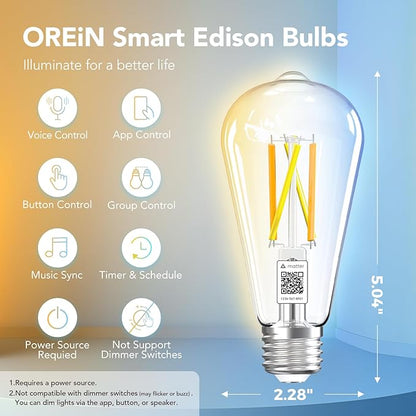 OREiN Matter Smart Light Bulb, ST19(58) Smart Edison Bulbs with Remote Control Work with Apple Home, Alexa, Google Home, SmartThings, 800lm 2700K-6500K Smart Filament Bulb E26 Base 4Pack