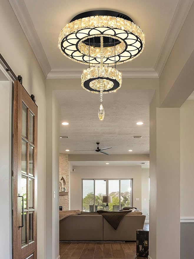 Flashing God Dia 12" Crystal Mini Chandelier Crystal Black Ceiling Light Fixtures LED Flush Mount Ceiling Light for Living Room Bedrooms Dining Room Dimmable 2700k 4500k 6000k