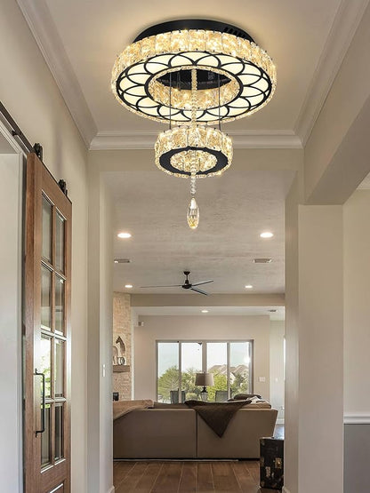 Flashing God Dia 12" Crystal Mini Chandelier Crystal Black Ceiling Light Fixtures LED Flush Mount Ceiling Light for Living Room Bedrooms Dining Room Dimmable 2700k 4500k 6000k