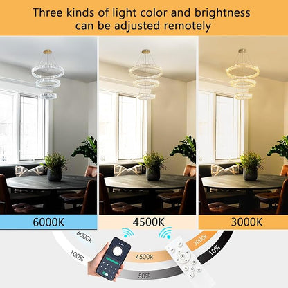 HAIXIANG Modern Glam Chandelier Crystal LED Remote Rings Chandelier Adjustable Hanging Ceilings Pendant Lights Fixture Gold 8"+16"+24" Rings Lighting