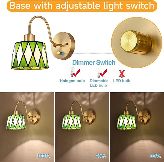 Vintage Bedside Wall Sconce with Dimmable Switch, Brass Industrial Gooseneck Wall Sconce with Plug in Cord, Stained Glass Shade Wall Light Perfect for Bedroom, Living Room and Hotel