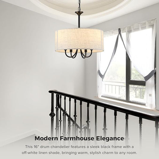 Drum Chandelier for Dining Room, 4-Light Modern Farmhouse Black Chandelier with Linen Drum Shade, 16" Hanging Pendant Ceiling Light Fixture for Kitchen Island Bedroom Living Room