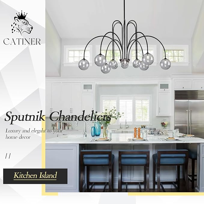 CATINER Modern Black Chandelier 12 Lights Sputnik Chandelier Large L52” Mid Century Ceiling Pendant Light Fixtures with Smoke Glass Globe Shades for High Ceiling Living Dining Room Foyer Staircase