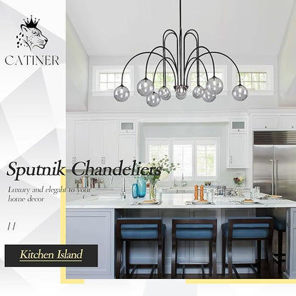 CATINER Modern Black Chandelier 12 Lights Sputnik Chandelier Large L52” Mid Century Ceiling Pendant Light Fixtures with Smoke Glass Globe Shades for High Ceiling Living Dining Room Foyer Staircase