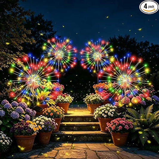 Solar Garden Lights Outdoor Decorative, 4pack 120 LED Firework Lights Waterproof，Solar Fairy Lights for Outside,Garden,Yard, Patio,Pathway,Flowerbed,Party(Multicolor)