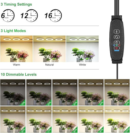 4.72in Indoor Plant Grow Lights, Full Spectrum Grow Lamp, Warm+White LEDs Plant Growing Light for Cabinets and Plant Shelf, with 6/12/16H Timer, 3 Lighting Modes, 10 Brightness Levels, 2 Head