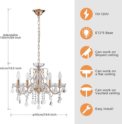 Saint Mossi 5 Light Crystal Chandelier Light Fixture, Modern Gold Crystal Pendant Light, French Gold Raindrop Chandelier for Dining Room, Bedroom,Living Room, H17 x D20