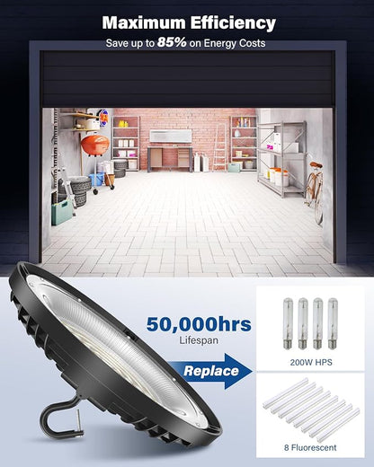 200W UFO LED High Bay Light, Adjustable Wattage 200W/150W/100W, 3-Color Temperature (6500K/5000K/3500K), 28,000LM, AC100-277V, Plug & Play LED Shop Lights Fixture for Warehouse, Garage, Factory 8 Pack