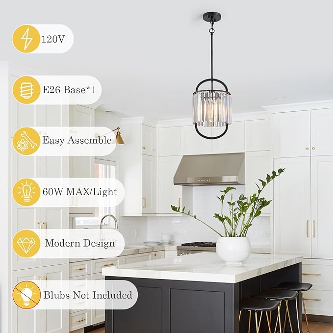 Black Crystal Pendant Light for Dining Room, 9.4" Mini Luxury Crystal Chandelier Lights Fixture, Small Modern Elegant Adjustable Chandelier for Bedroom Kitchen Island