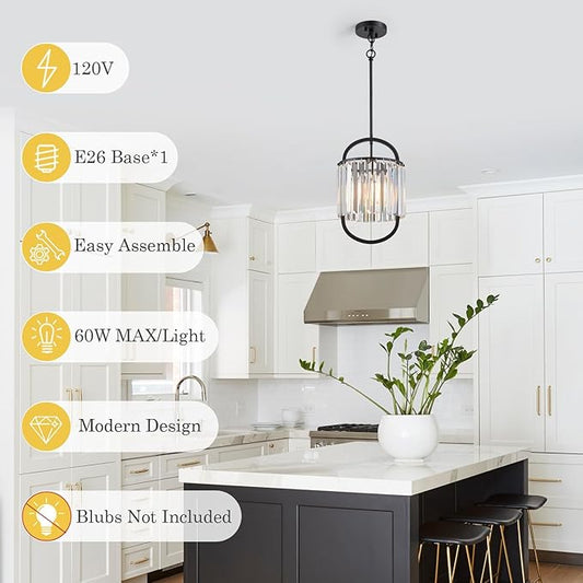 Black Crystal Pendant Light for Dining Room, 9.4" Mini Luxury Crystal Chandelier Lights Fixture, Small Modern Elegant Adjustable Chandelier for Bedroom Kitchen Island