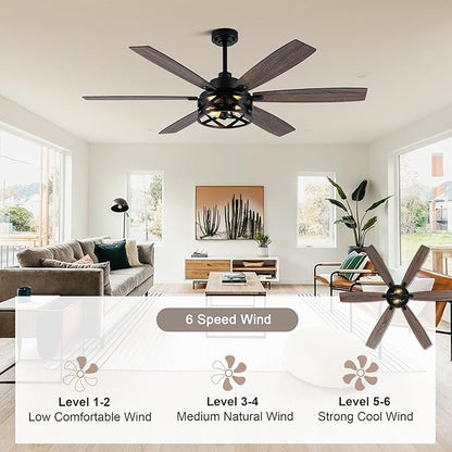 Farmhouse Ceiling Fan with Lights and Remote Large Rustic Ceiling Fan Caged Fandelier Industrial Chandelier Light, Reversible Quiet DC Motor 6 Speed for Indoor Outdoor (Farmhouse, 60 Inch)