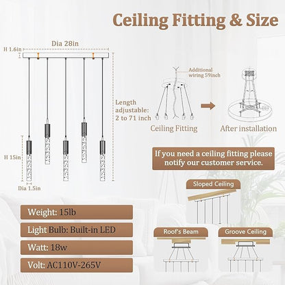 Flashing God 5-Lights Rectangular Pendant Lights for Kitchen Island Gold Linear Crystal Chandelier Modern Chandeliers for Kitchen Island Dining Room