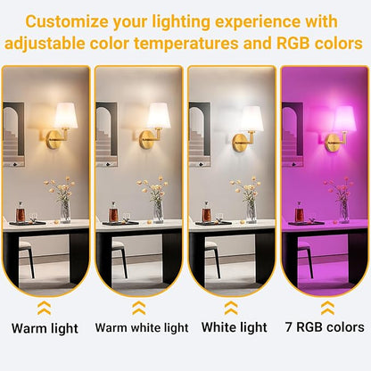 Vimhou Peel and Stick Wall Sconces, Stick On Wall Sconce Set of 2, Battery Operated Wireless Wall Light, No Drill Adhesive Wall Lamp, Corn Bulb with 10000mAh Rechargeable Battery, Bedroom Wall Decor