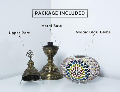 Turkish Mosaic Lamp with Bulb – Handmade Star Fire Stained Glass Table Light, Antique Bohemian Vintage Decor for Bedroom or Living Room, E12 Socket