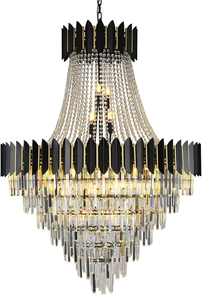 Luxury Modern Crystal Chandelier K9 Raindrop Crystal Chandelier Black Finish 7-Tier Crystal Pendant Ceiling Light Fixture for Dining Room Living Room Foyer Hallway (D40in-31 Lights)