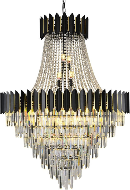 Luxury Modern Crystal Chandelier K9 Raindrop Crystal Chandelier Black Finish 7-Tier Crystal Pendant Ceiling Light Fixture for Dining Room Living Room Foyer Hallway (D40in-31 Lights)