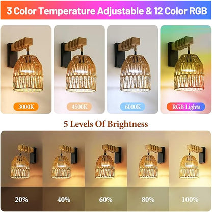 Boho Battery Operated Wall Sconce Set of Two, Rattan Rechargeable Wall Sconces with Remote,Wireless Sconces Set of 2 for Bedroom,Living Room,Entryway 15 Colors Dimmable-Matte Black