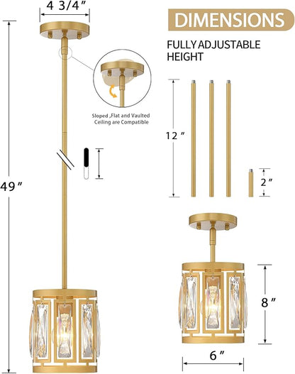 3-Pack Pendant Light Fixtures with K9 Crystals, Kitchen Island Lighting, Dining Room Light Fixture, Mini Chandelier for Kitchen Lights Ceiling, Foyer Lighting Fixtures, Gold Light Fixture