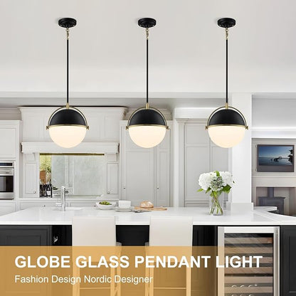 Globe Pendant Lights Kitchen Island, Black and Gold 11.4 Inch Pendant Light Fixtures with Milk Globe Glass Shade, Pendant Lighting for Dining Room Cafes Restaurants Living Room