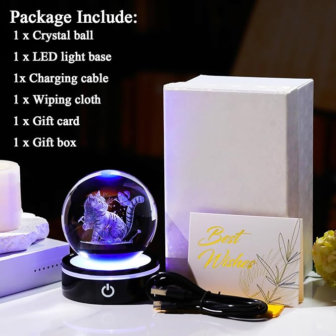 YWHL 3D Crystal Cat and Butterfly Figurines Ball with Colorful Light Base, Laser Engraved Cat Sphere for Women Men,Birthday Gifts for Lover, Animal Snow Globes Collection for Home Decor(80mm)