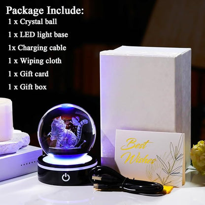 YWHL 3D Crystal Cat and Butterfly Figurines Ball with Colorful Light Base, Laser Engraved Cat Sphere for Women Men,Birthday Gifts for Lover, Animal Snow Globes Collection for Home Decor(80mm)