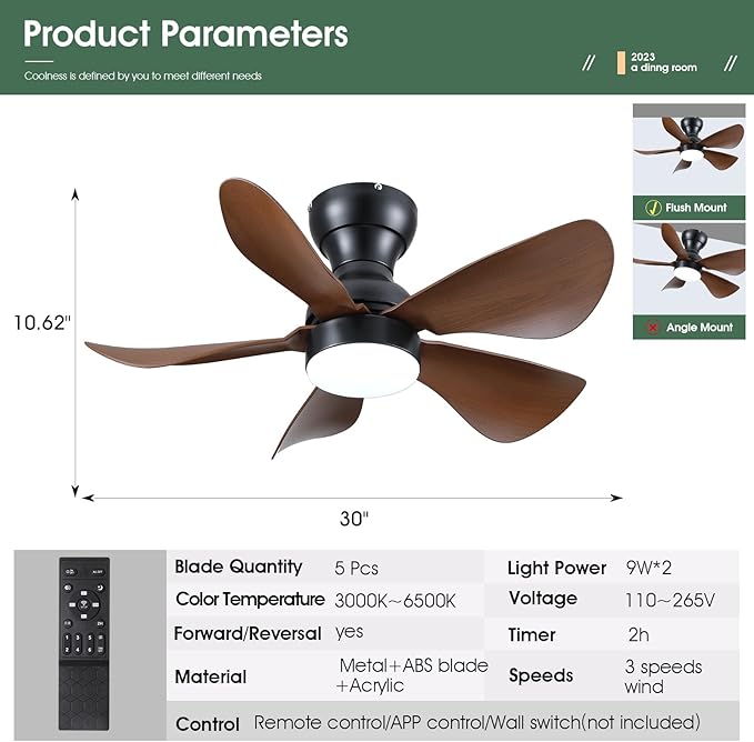 Kviflon Ceiling Fans with Lights and Remote/APP Control, 30 inch Low Profile Ceiling Fans with 5 Reversible Blades 3 Colors Dimmable 6 Speeds Ceiling Fan for Bedroom Dining Room, Wood Color