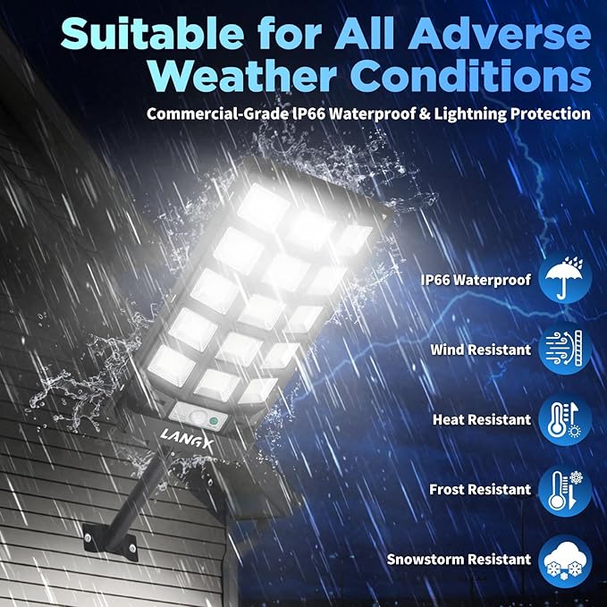 LANGY Solar Street Lights Outdoor Waterproof, 6500K Dusk to Dawn Motion Sensor with Remote Control, LED Security Light for Outside Garden Yard Parking Lot, Flood Lights, 2 Pack